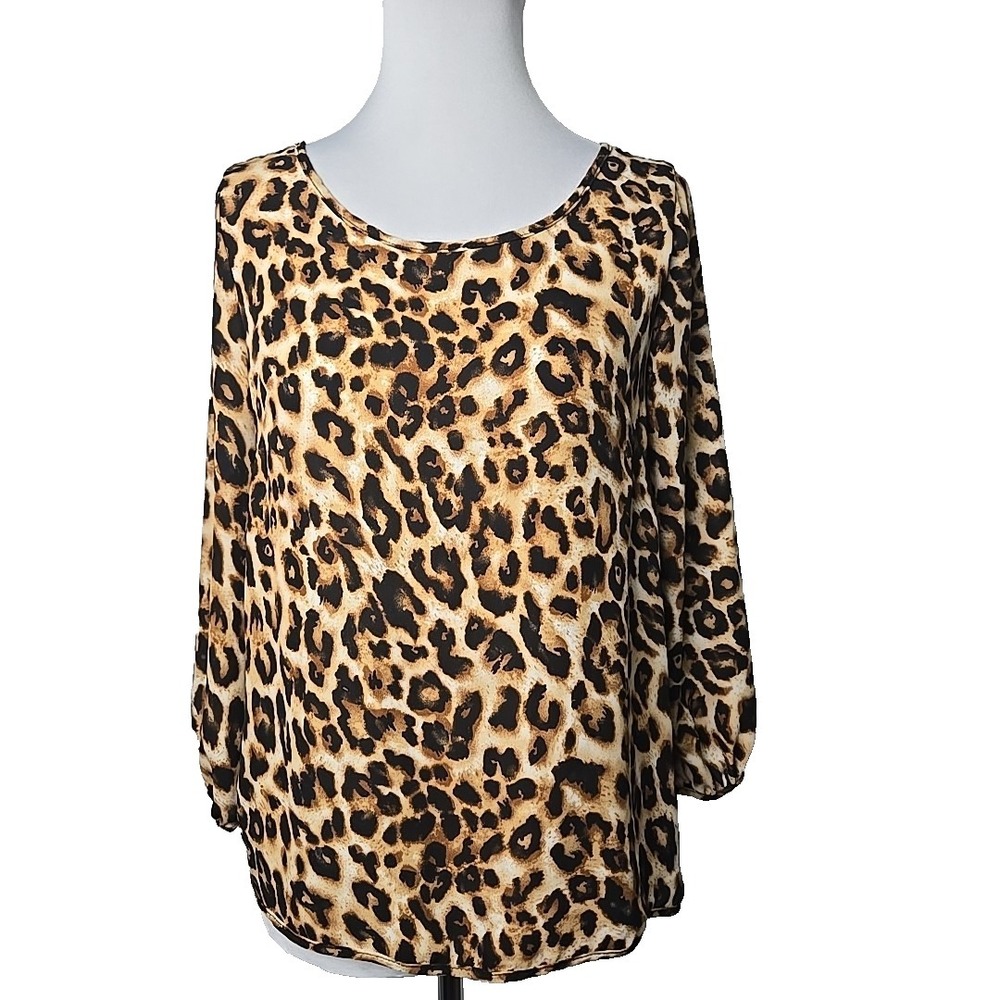 Alloy Apparel Chiffon Animal Print 3/4‎ Sleeve Butterfly Back Panel Top Small